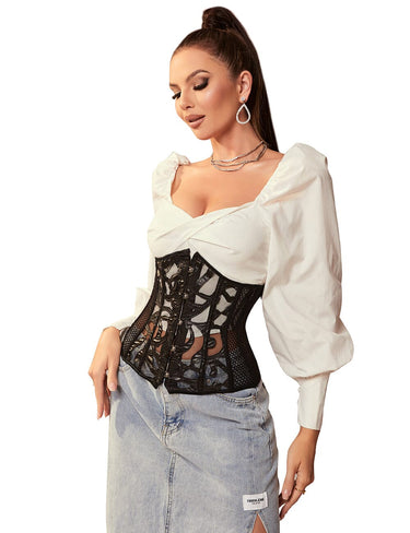 Scandals Mesh Corset with Floral Panel Corsets & Cinchers Scandals Lingerie